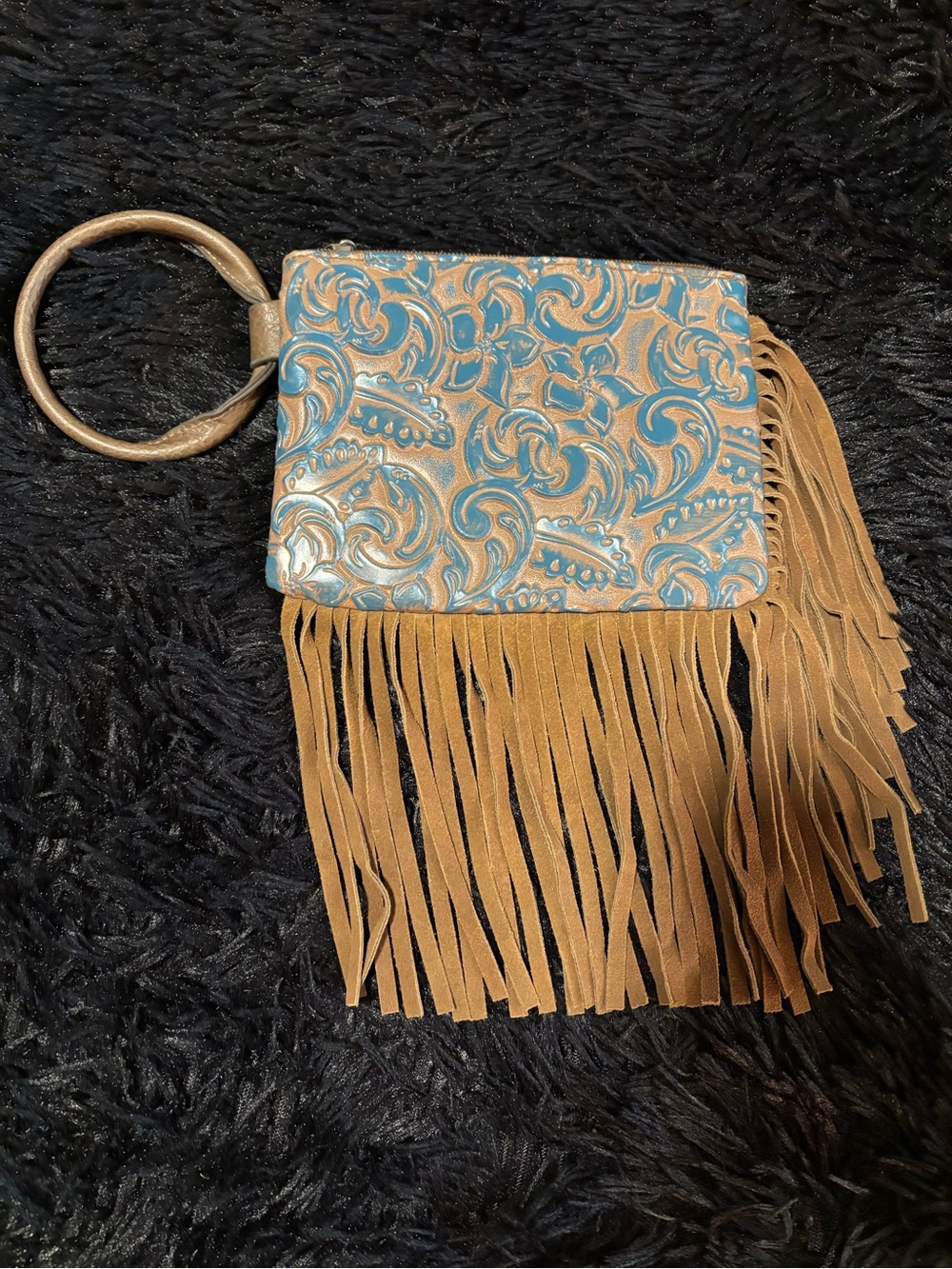 Fringed Wristlet Clutch in Turquoise and Tan